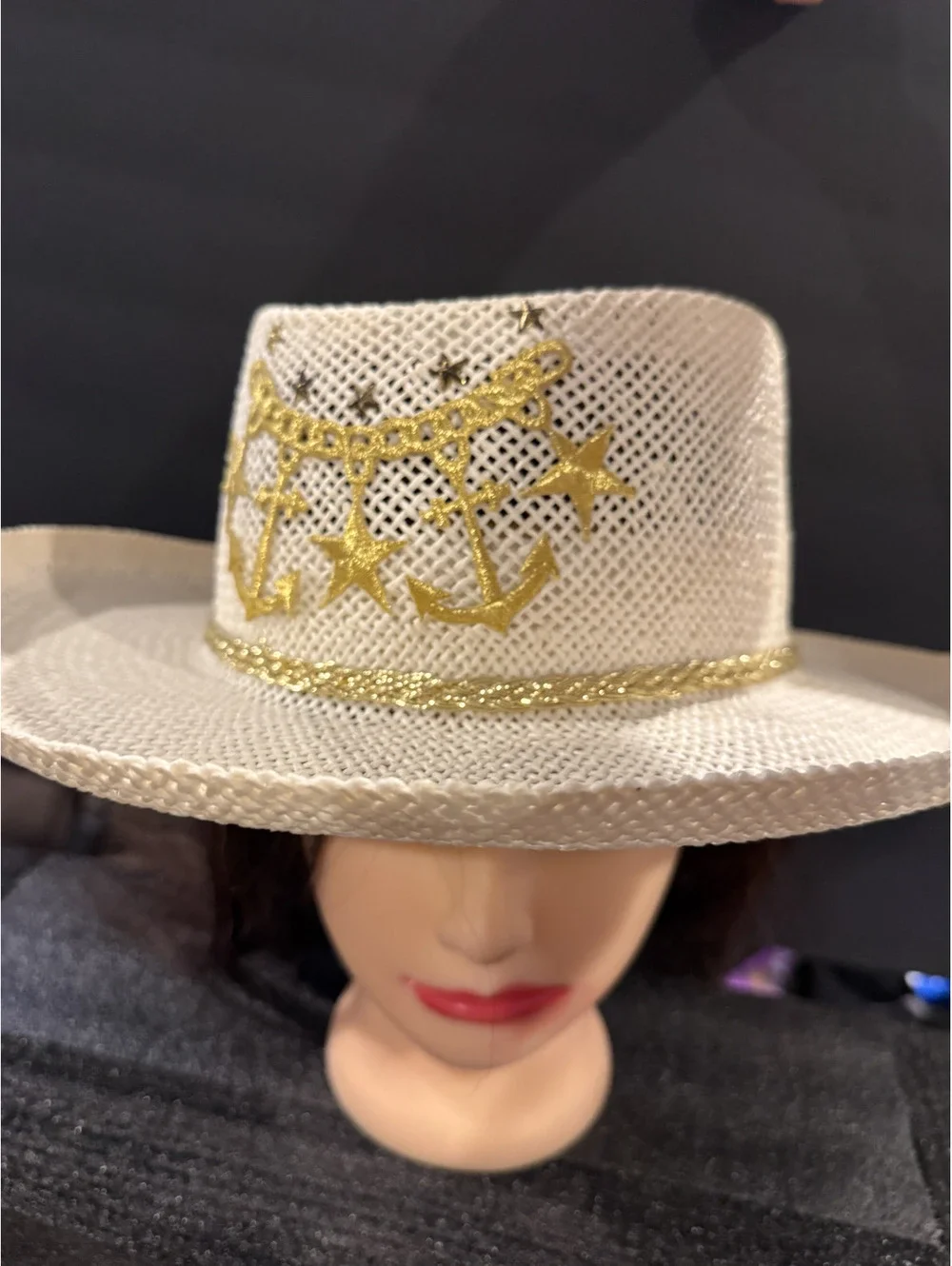 Beige Straw Panama Hat with Gold Anchor and Star Embroidery